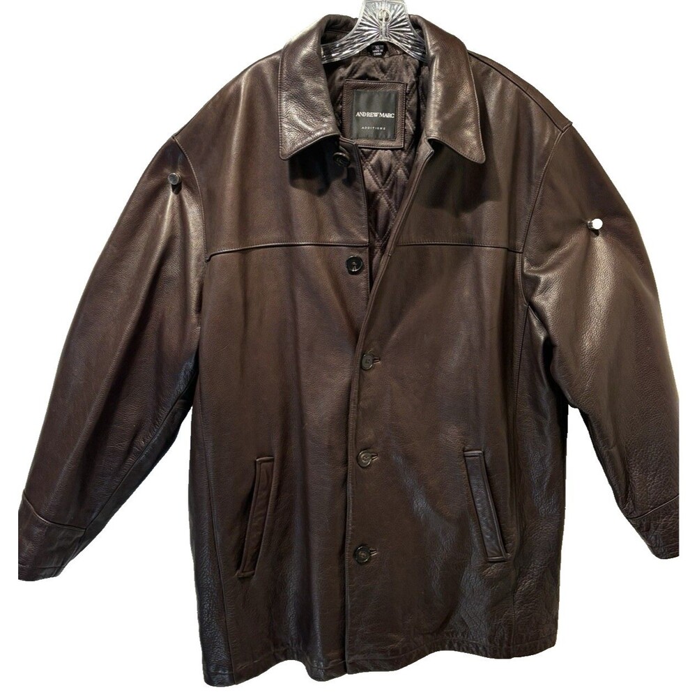 Andrew Marc Additions XL Brown HEAVY Leather Saks Fifth Avenue Lined Button Coat